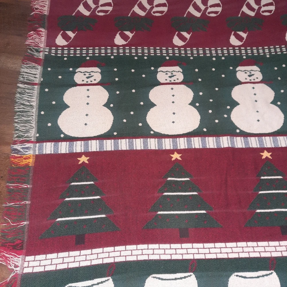 Vintage Festive Holiday Throw Blanket with Snowman and Tree Design